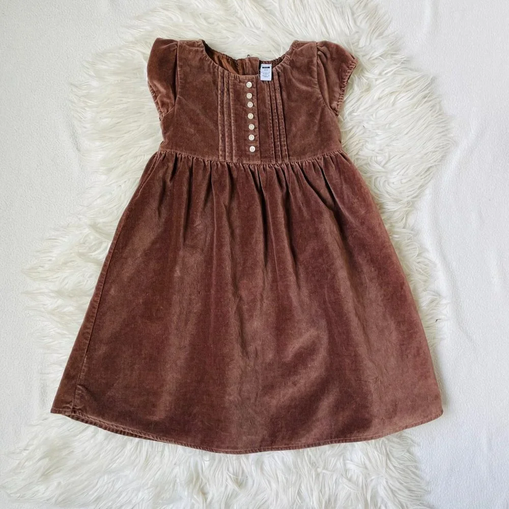 Gap Baby Dress 5Toddler Velvet Brown Short Sleeve‎ Button Front Pleated Classic